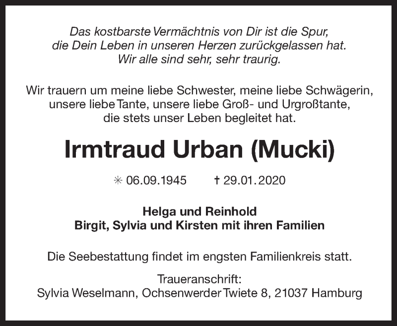  Traueranzeige für Irmtraud Urban vom 15.02.2020 aus 