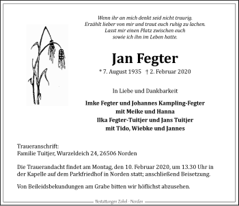 Traueranzeige von Jan Fegter 