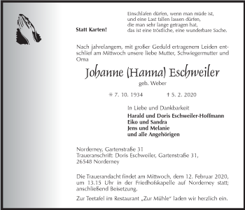 Traueranzeige von Johanne Eschweiler 