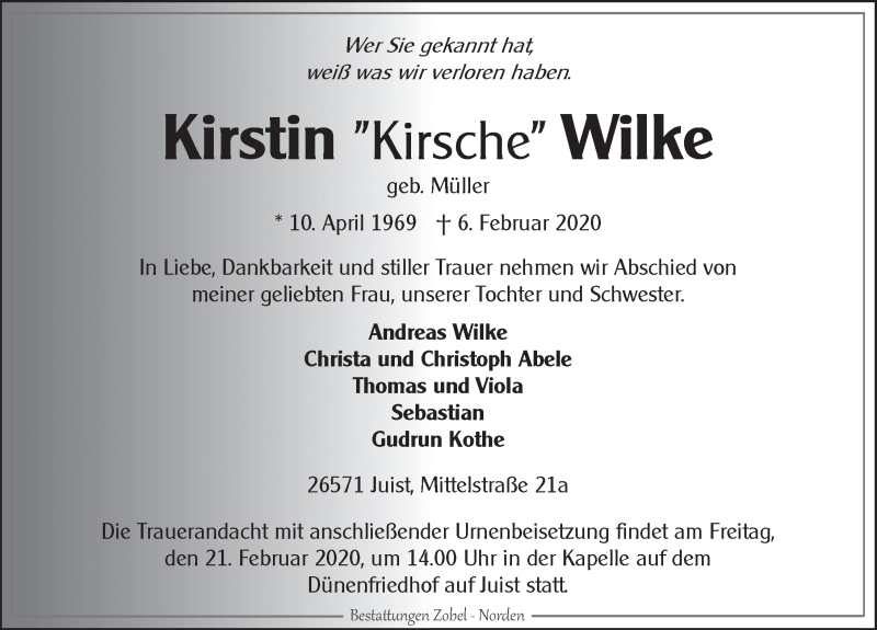  Traueranzeige für Kirstin Wilke vom 15.02.2020 aus 