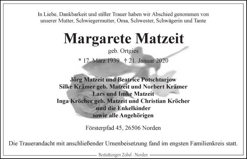  Traueranzeige für Margarete Matzeit vom 01.02.2020 aus 