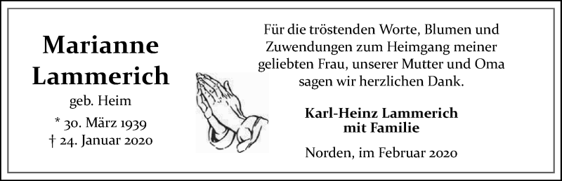  Traueranzeige für Marianne Lammerich vom 22.02.2020 aus 