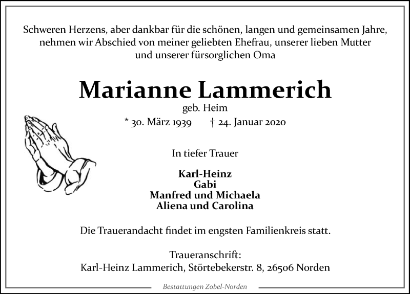  Traueranzeige für Marianne Lammerich vom 01.02.2020 aus 