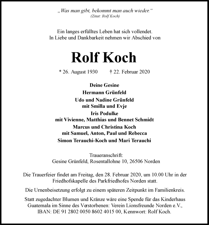  Traueranzeige für Rolf Koch vom 25.02.2020 aus 