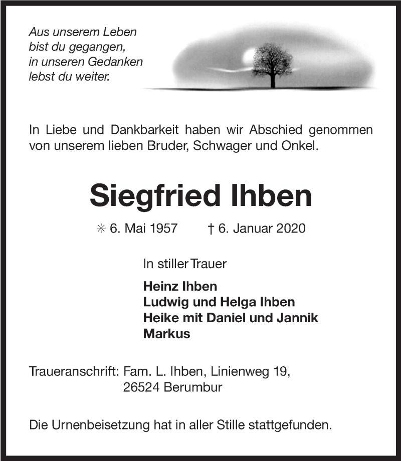  Traueranzeige für Siegfried Ihben vom 01.02.2020 aus 
