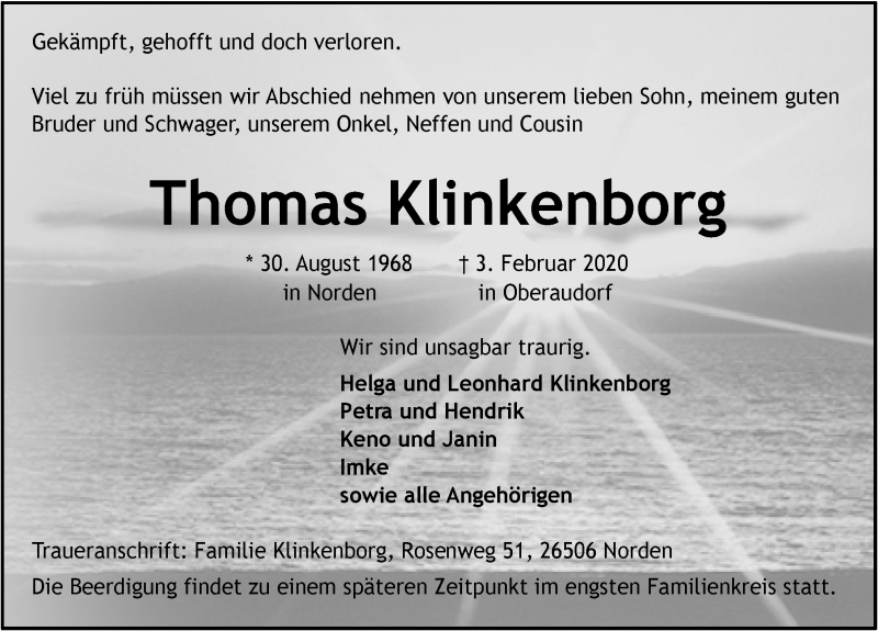  Traueranzeige für Thomas Klinkenborg vom 08.02.2020 aus 