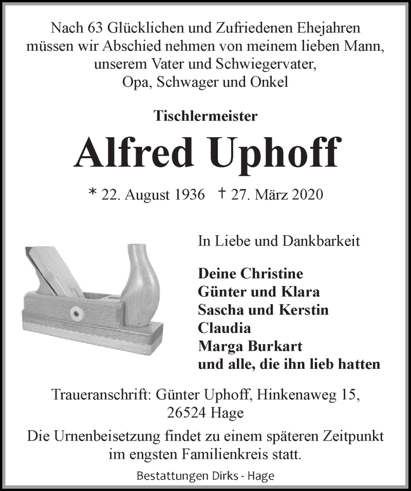  Traueranzeige für Alfred Uphoff vom 30.03.2020 aus 