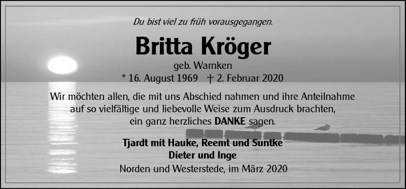  Traueranzeige für Britta Kröger vom 14.03.2020 aus 