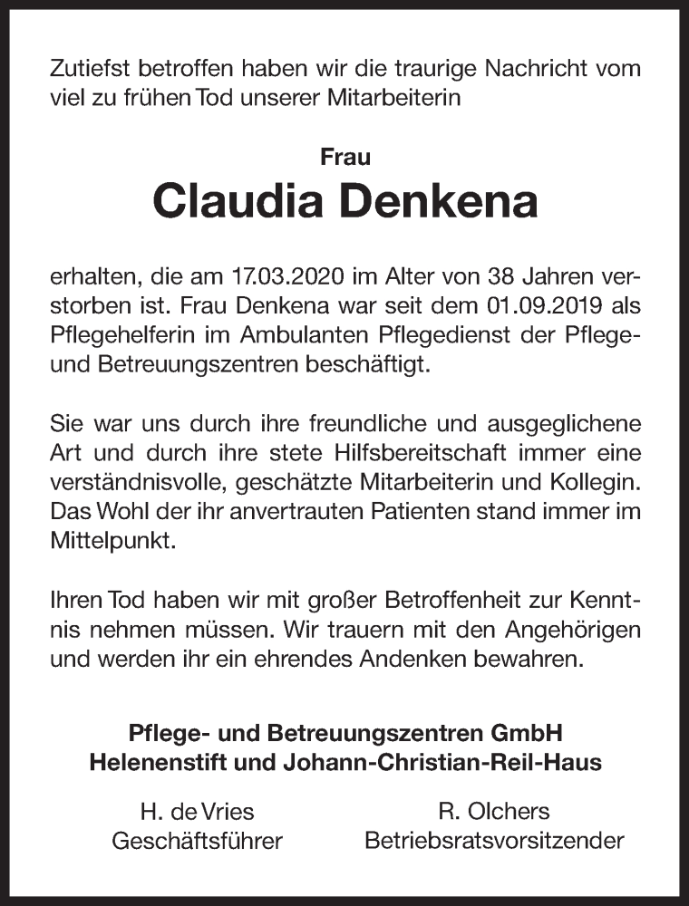  Traueranzeige für Claudia Denkena vom 24.03.2020 aus 
