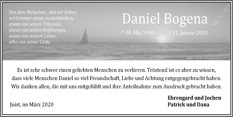  Traueranzeige für Daniel Bogena vom 07.03.2020 aus 