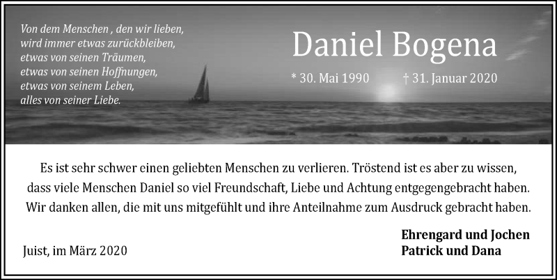  Traueranzeige für Daniel Bogena vom 14.03.2020 aus 