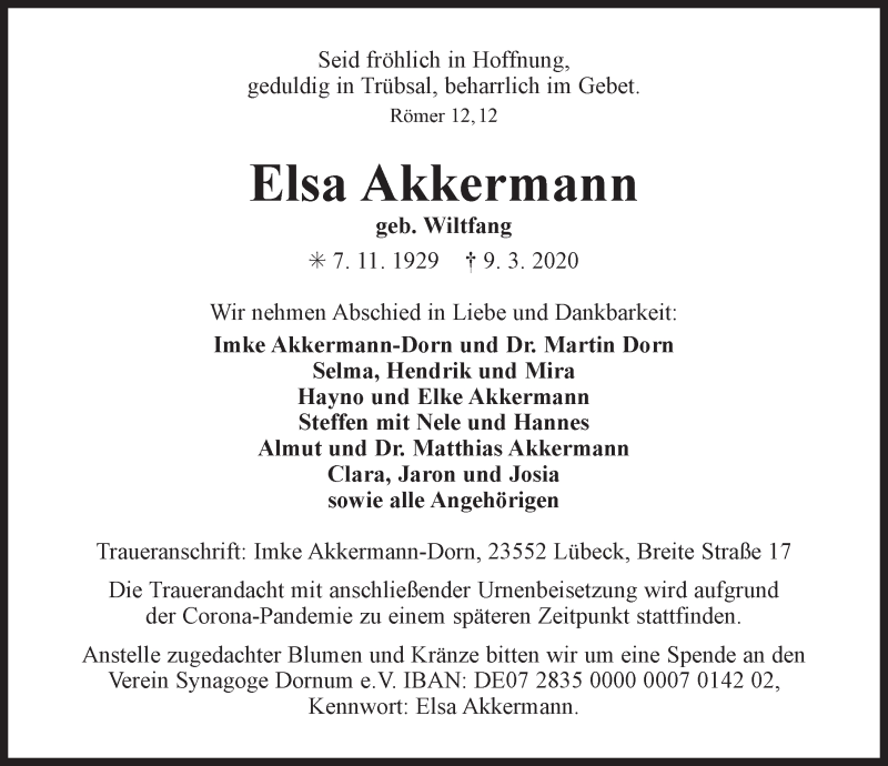  Traueranzeige für Elsa Akkermann vom 21.03.2020 aus 
