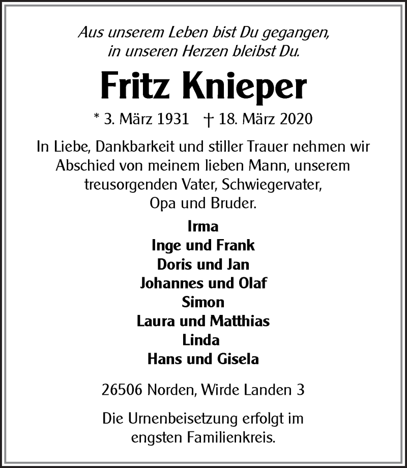  Traueranzeige für Fritz Knieper vom 21.03.2020 aus 