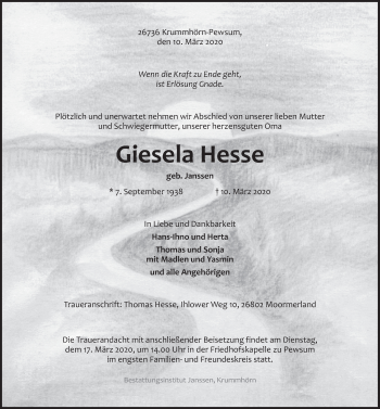 Traueranzeige von Giesela Hesse 