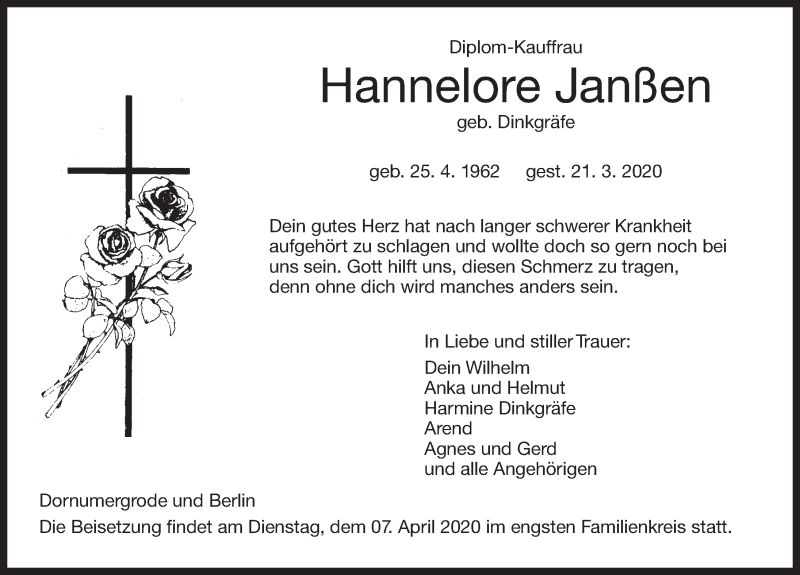  Traueranzeige für Hannelore Janßen vom 31.03.2020 aus 