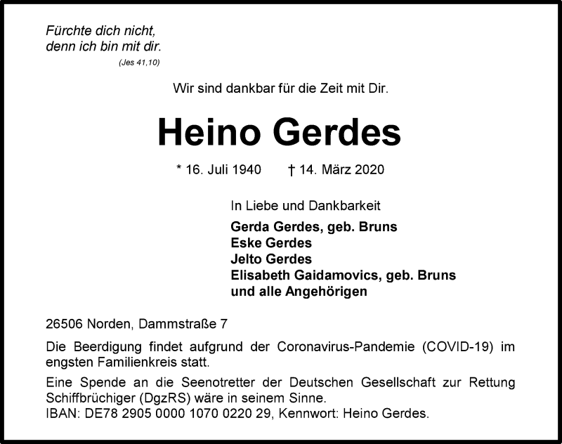  Traueranzeige für Heino Gerdes vom 21.03.2020 aus 