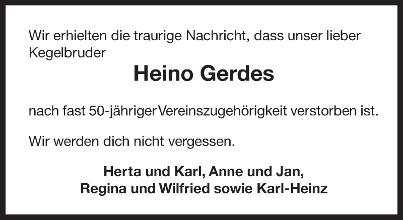  Traueranzeige für Heino Gerdes vom 24.03.2020 aus 