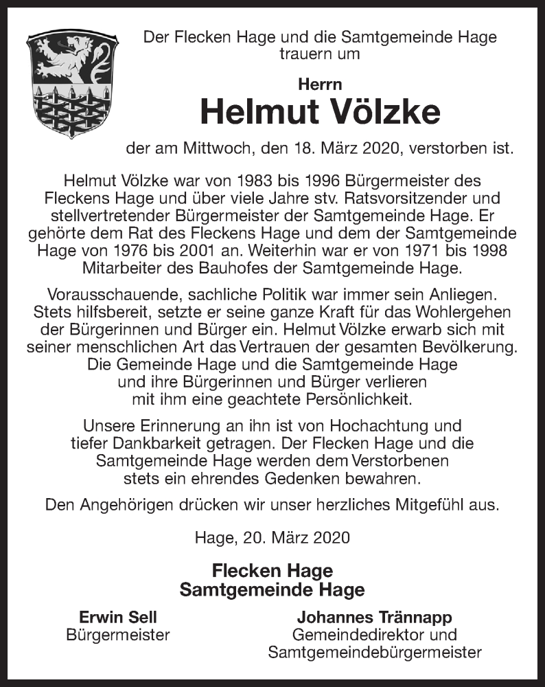 Traueranzeige für Helmut Völzke vom 21.03.2020 aus 