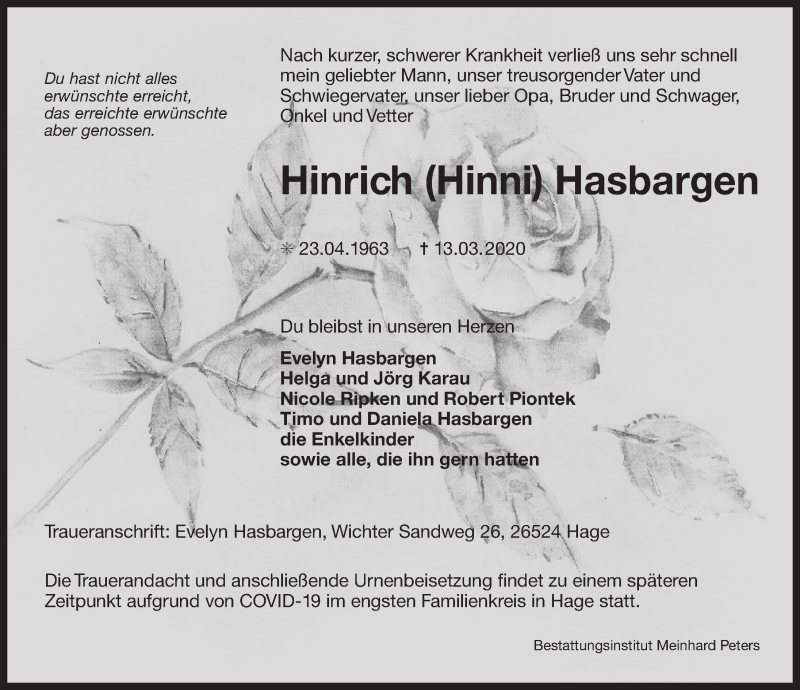  Traueranzeige für Hinrich Hasbargen vom 17.03.2020 aus 