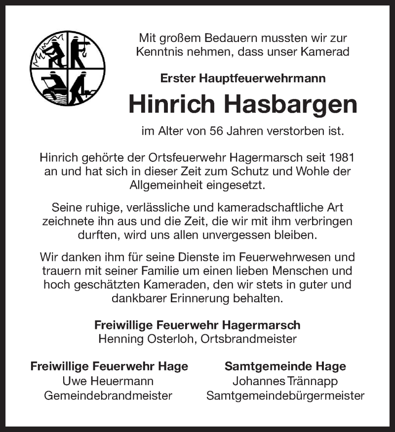  Traueranzeige für Hinrich Hasbargen vom 18.03.2020 aus 