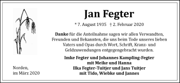 Traueranzeige von Jan Fegter 