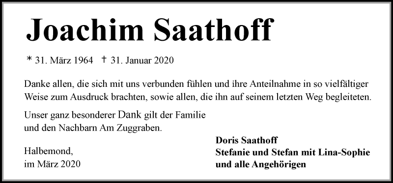  Traueranzeige für Joachim Saathoff vom 14.03.2020 aus 