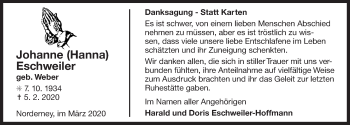 Traueranzeige von Johanne Eschweiler 