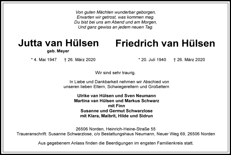  Traueranzeige für Jutta und Friedrich van Hülsen vom 31.03.2020 aus 