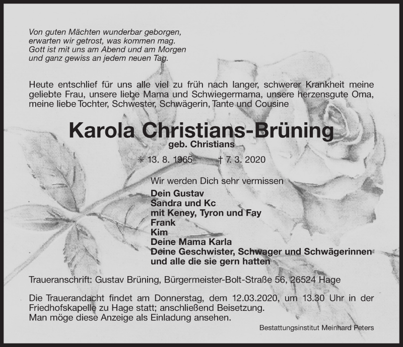  Traueranzeige für Karola Christians-Brüning vom 10.03.2020 aus 