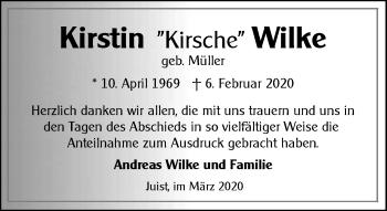 Traueranzeige von Kirstin Wilke 