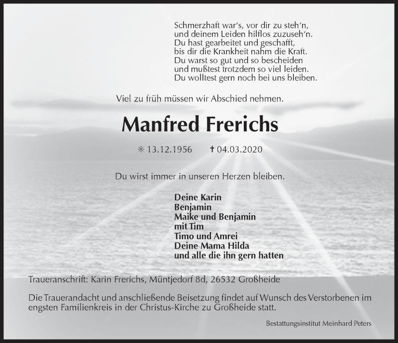  Traueranzeige für Manfred Frerichs vom 07.03.2020 aus 