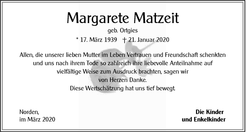  Traueranzeige für Margarete Matzeit vom 07.03.2020 aus 