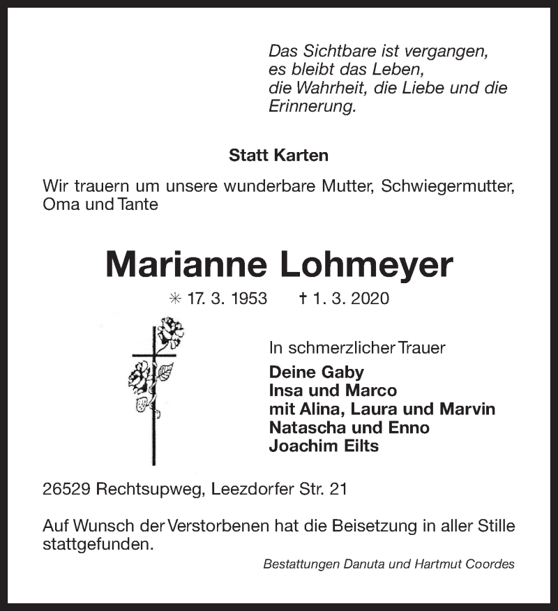  Traueranzeige für Marianne Lohmeyer vom 11.03.2020 aus 