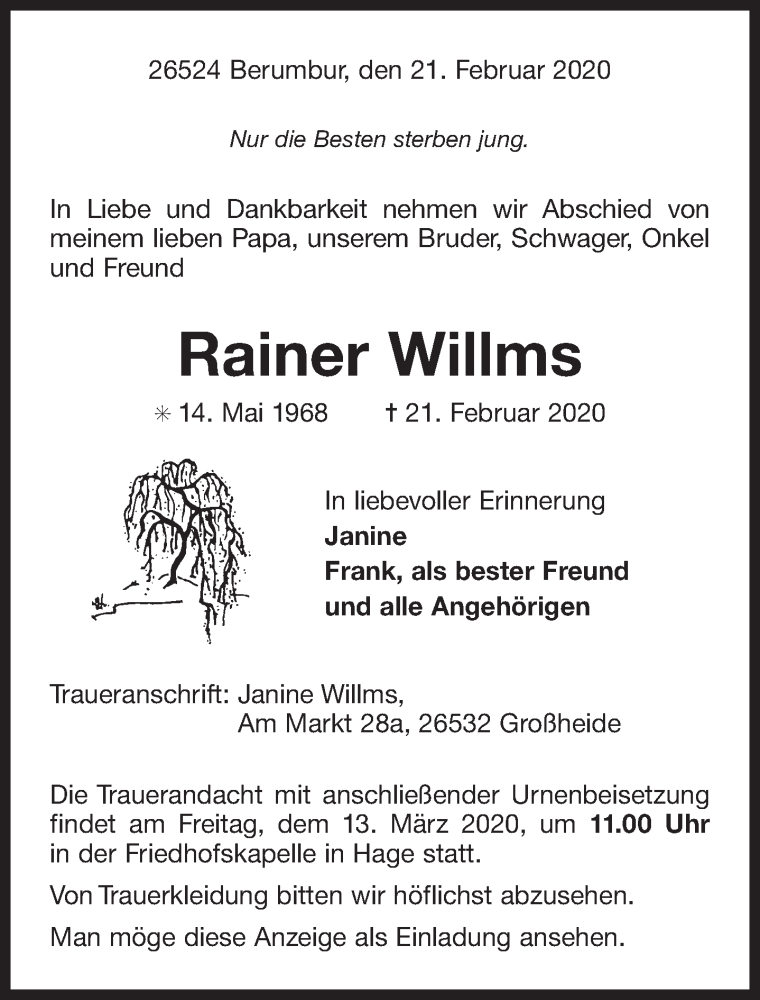  Traueranzeige für Rainer Willms vom 11.03.2020 aus 