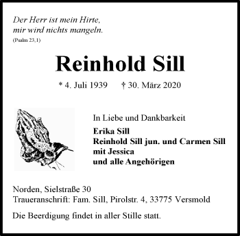 Traueranzeige von Reinhold Sill 