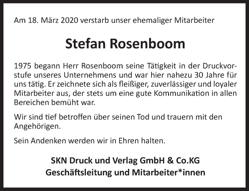  Traueranzeige für Stefan Rosenboom vom 24.03.2020 aus 