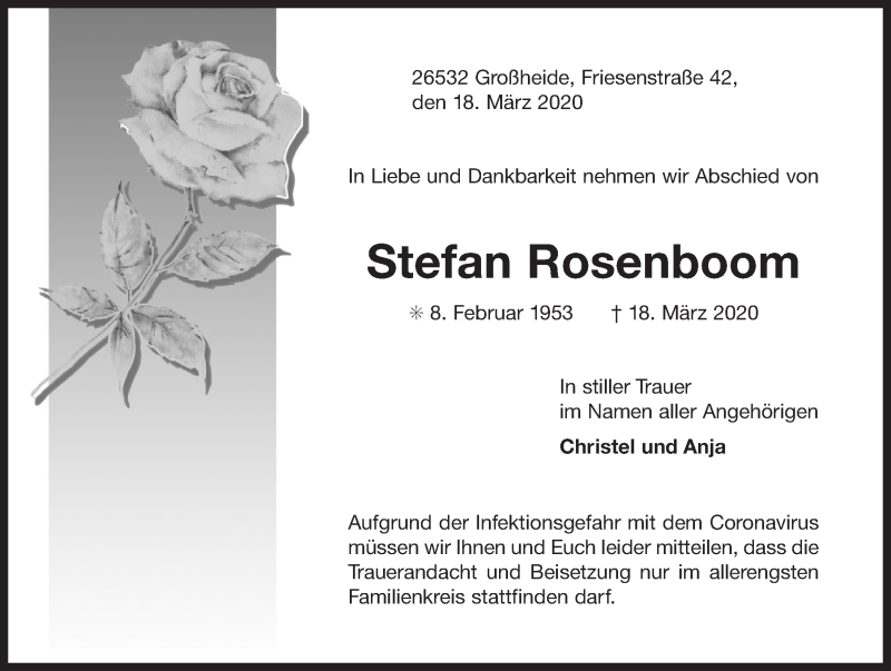  Traueranzeige für Stefan Rosenboom vom 20.03.2020 aus Ostfrisischer Kurier