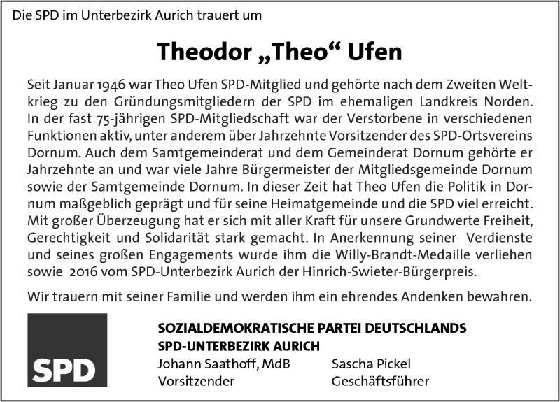  Traueranzeige für Theodor Ufen vom 25.03.2020 aus 