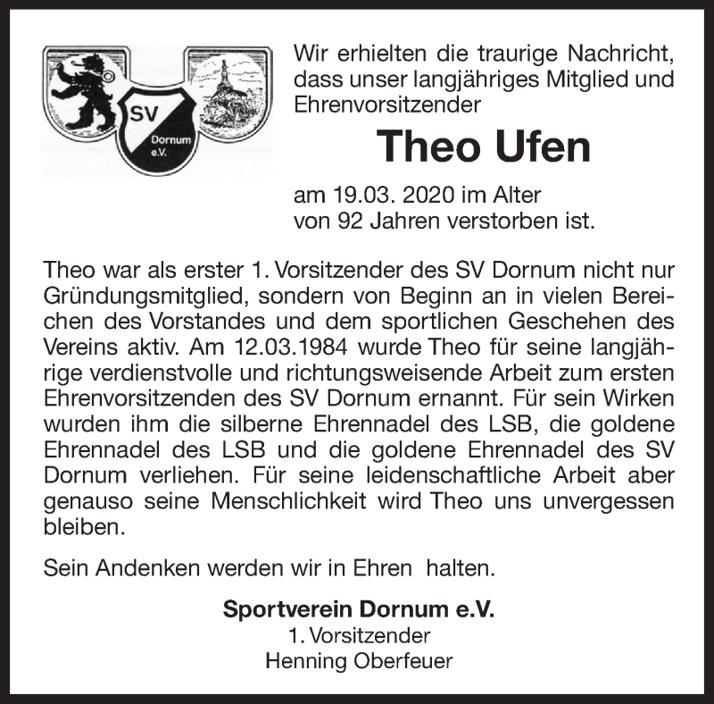  Traueranzeige für Theodor Ufen vom 25.03.2020 aus 