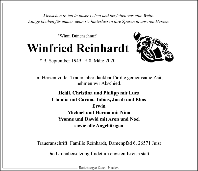  Traueranzeige für Winfried Reinhardt vom 14.03.2020 aus 