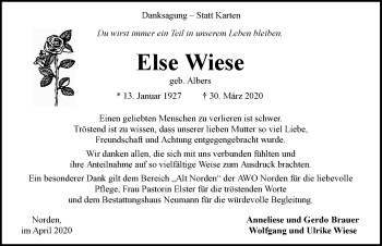 Traueranzeige von Else Wiese 
