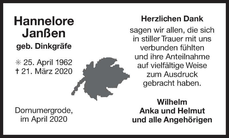  Traueranzeige für Hannelore Janßen vom 29.04.2020 aus 