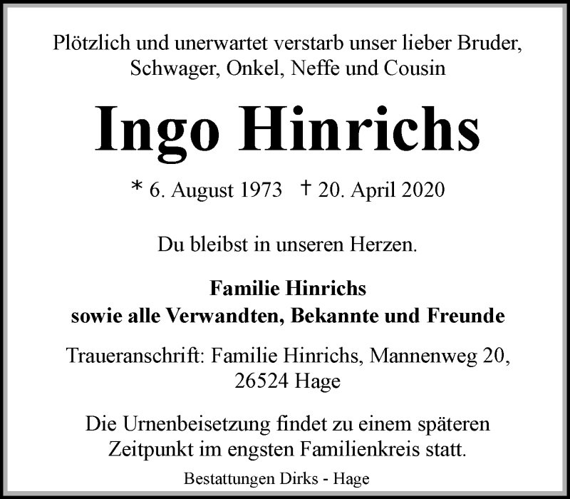  Traueranzeige für Ingo Hinrichs vom 25.04.2020 aus 