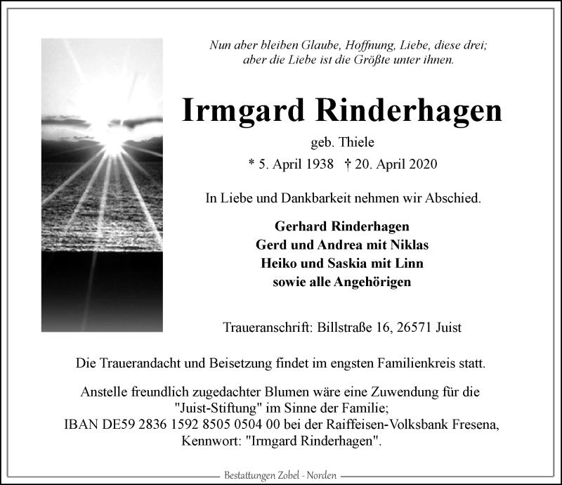  Traueranzeige für Irmgard Rinderhagen vom 23.04.2020 aus 
