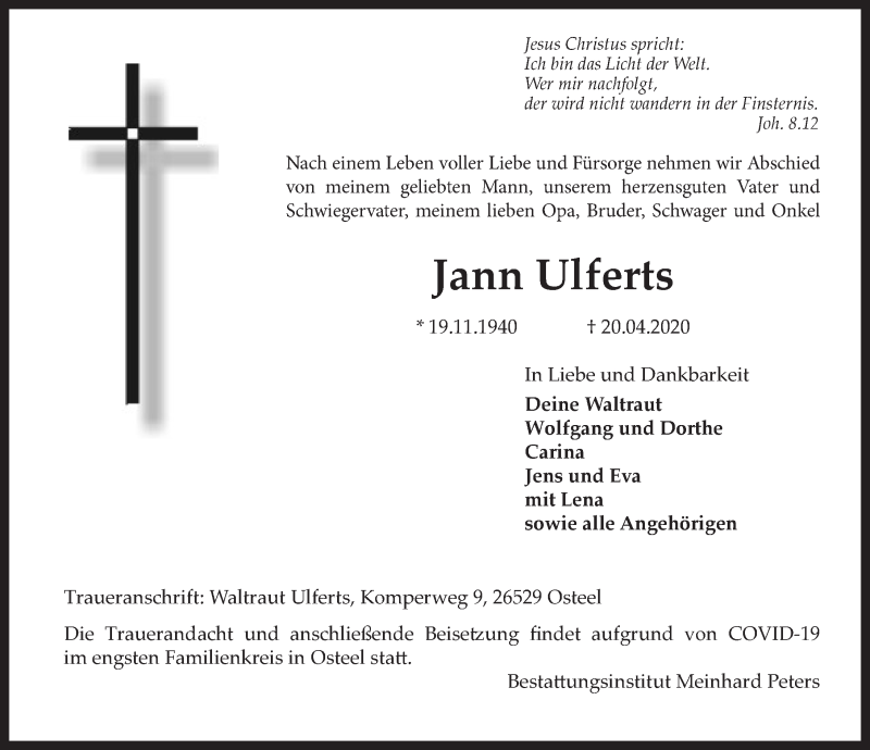  Traueranzeige für Jann Ulferts vom 21.04.2020 aus 