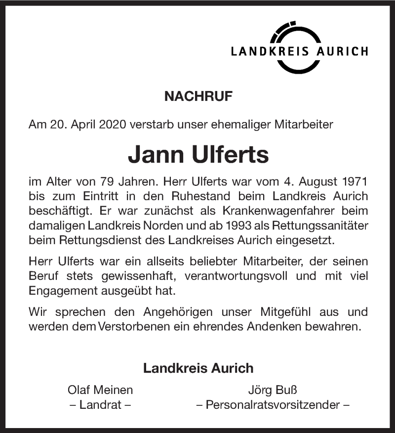  Traueranzeige für Jann Ulferts vom 22.04.2020 aus 