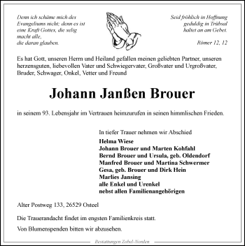 Traueranzeige von Johann Janßen Brouer 