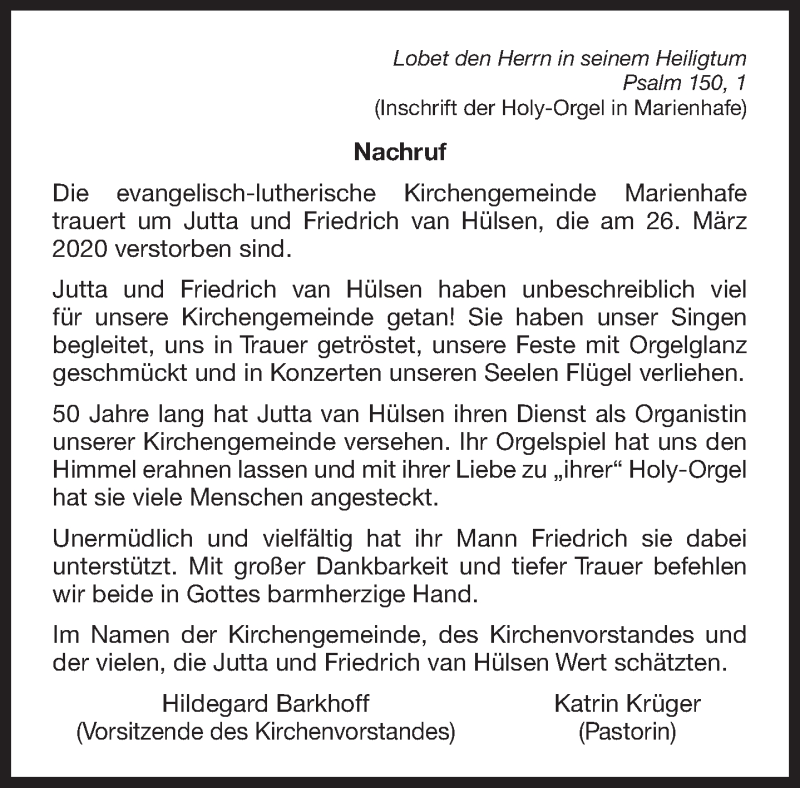  Traueranzeige für Jutta van Hülsen vom 04.04.2020 aus 