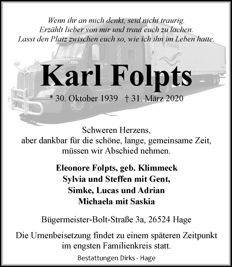  Traueranzeige für Karl Folpts vom 04.04.2020 aus 