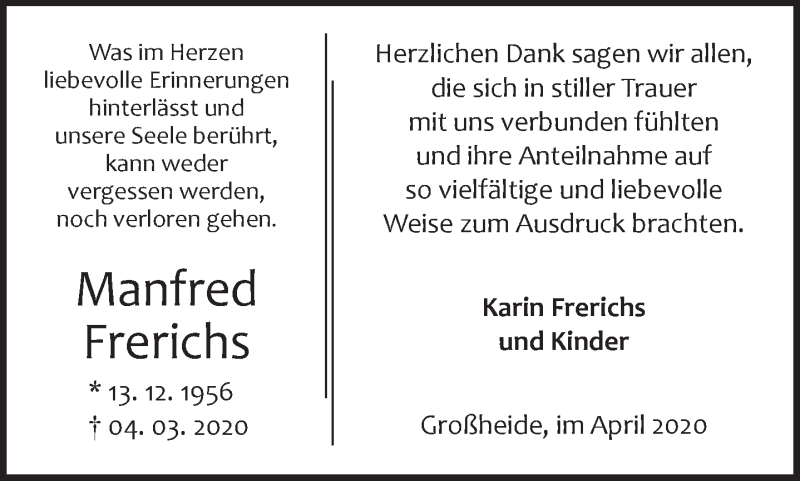 Traueranzeige für Manfred Frerichs vom 04.04.2020 aus 